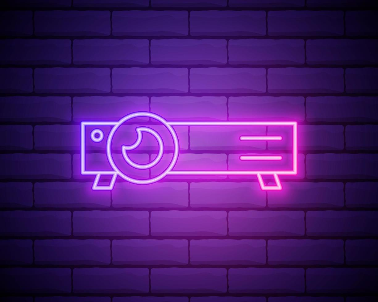 Presentación de línea de neón brillante, película, película, icono de proyector de medios aislado sobre fondo de pared de ladrillo. ilustración vectorial vector