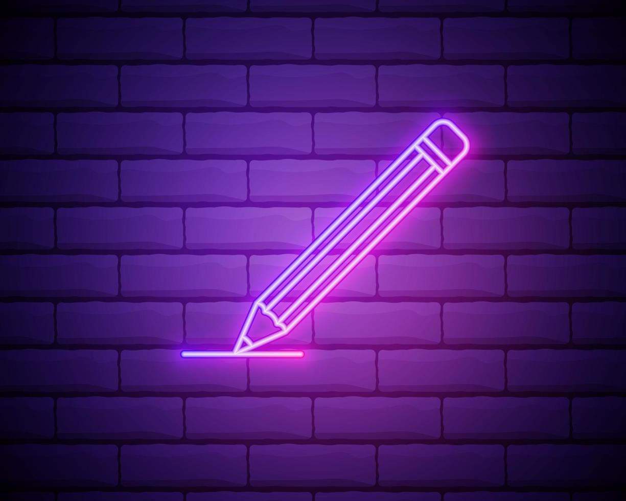 simple pencil symbol. Neon style. Light decoration icon. Bright electric symbol isolated on brick wall vector