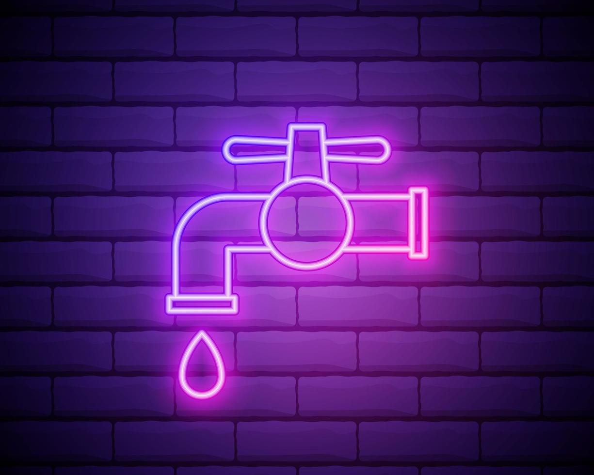 Glowing neon Water tap icon isolated on brick wall background. Vector Illustration