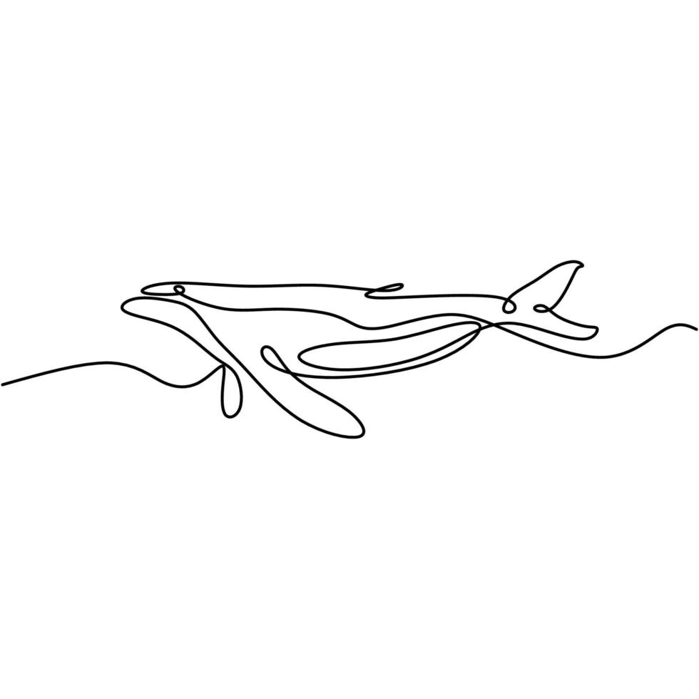 One single line drawing of cute beautiful dolphin in the ocean. Big funny mammal animal in the sea on the wave isolated on white background. Natural swimming fish hand drawn minimalist design. vector