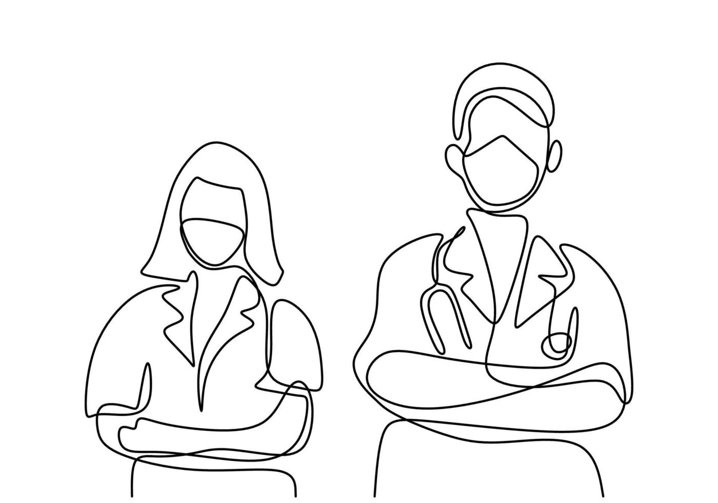 un dibujo de una sola línea del médico y la enfermera con mascarilla y posar de pie y poner la mano cruzada frente a su pecho. concepto de trabajo en equipo médico. diseño minimalista. ilustración vectorial vector