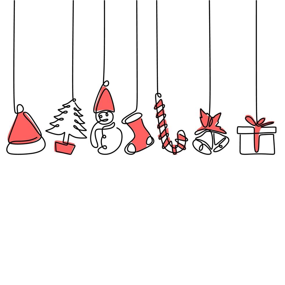 Continuous line hanging christmas tree, gift box, star, love, christmas hat and sock. Merry Christmas and Happy New Year theme isolated on white background. Hand-drawn line art minimalism design vector