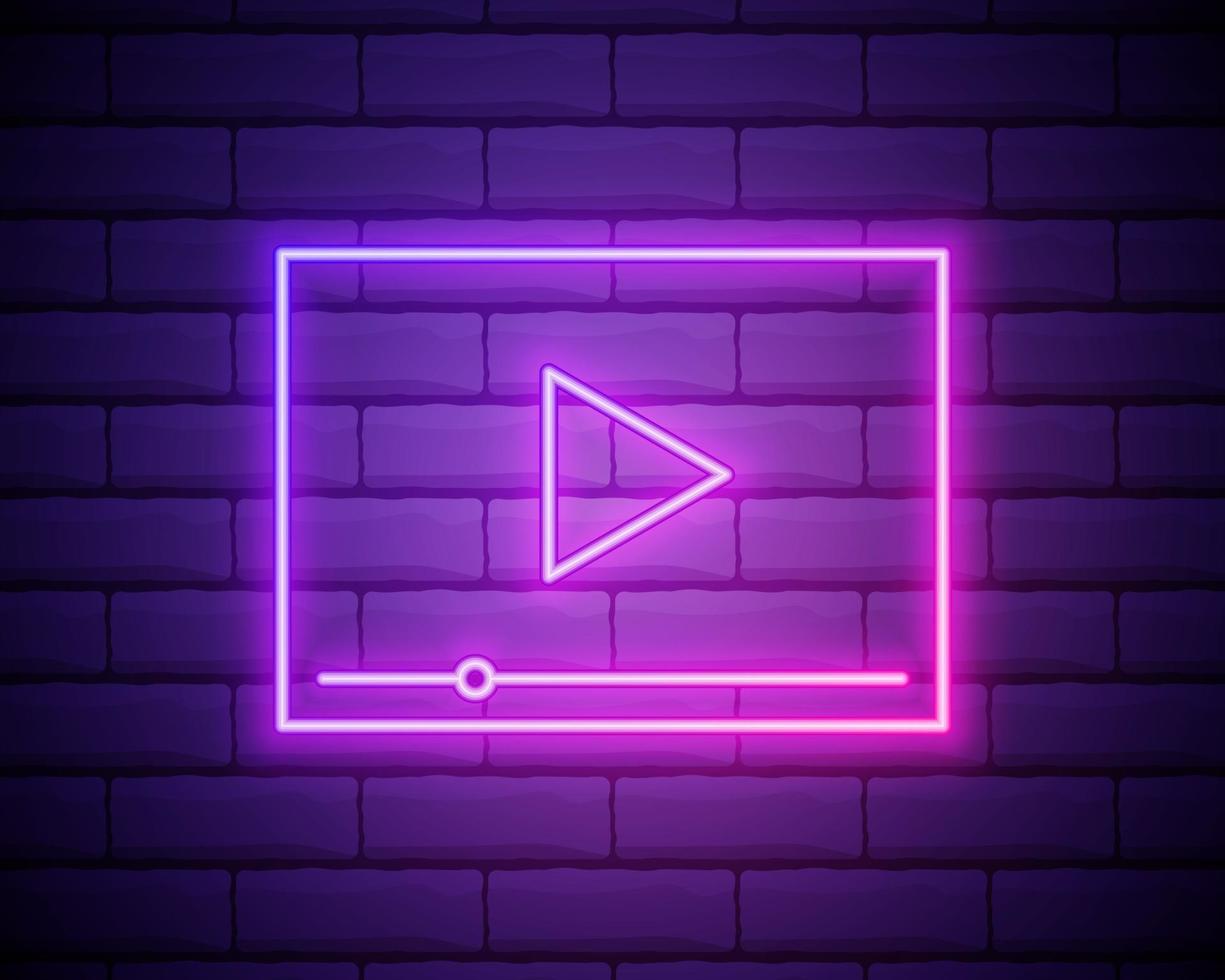 Video player neon interface, isolated vector illustration. VIdeo player glowing sign isolated on brick wall background.