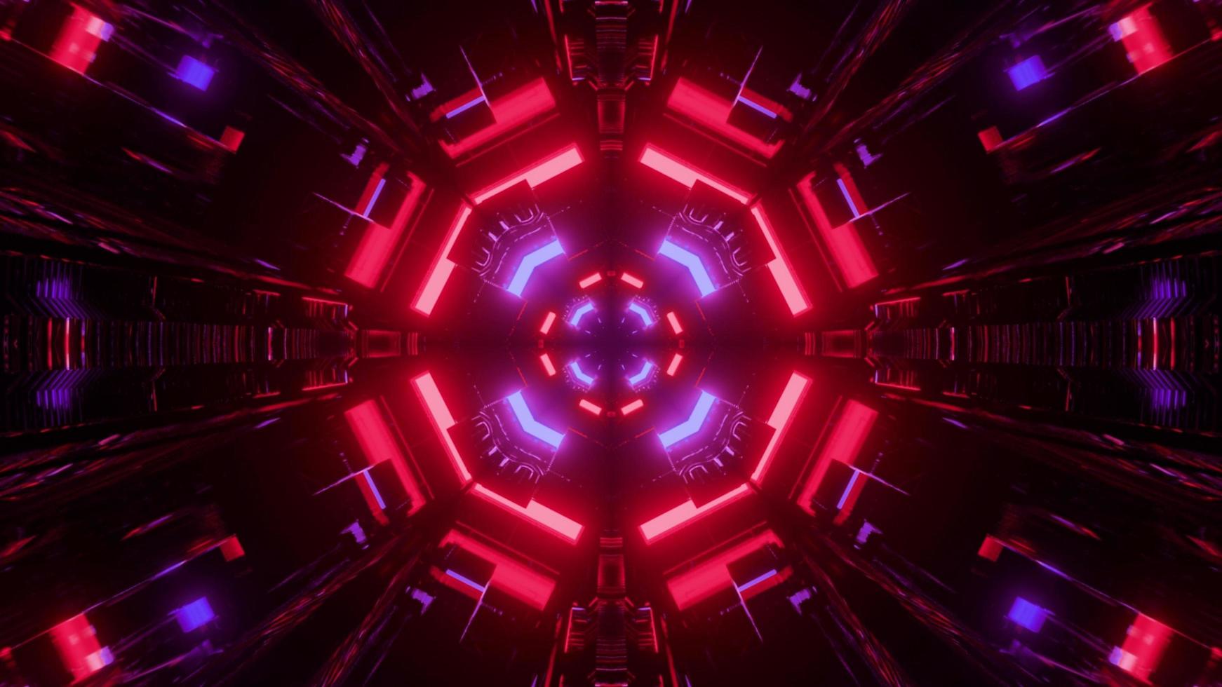 3D illustration of symmetric geometric lights in dark tunnel photo