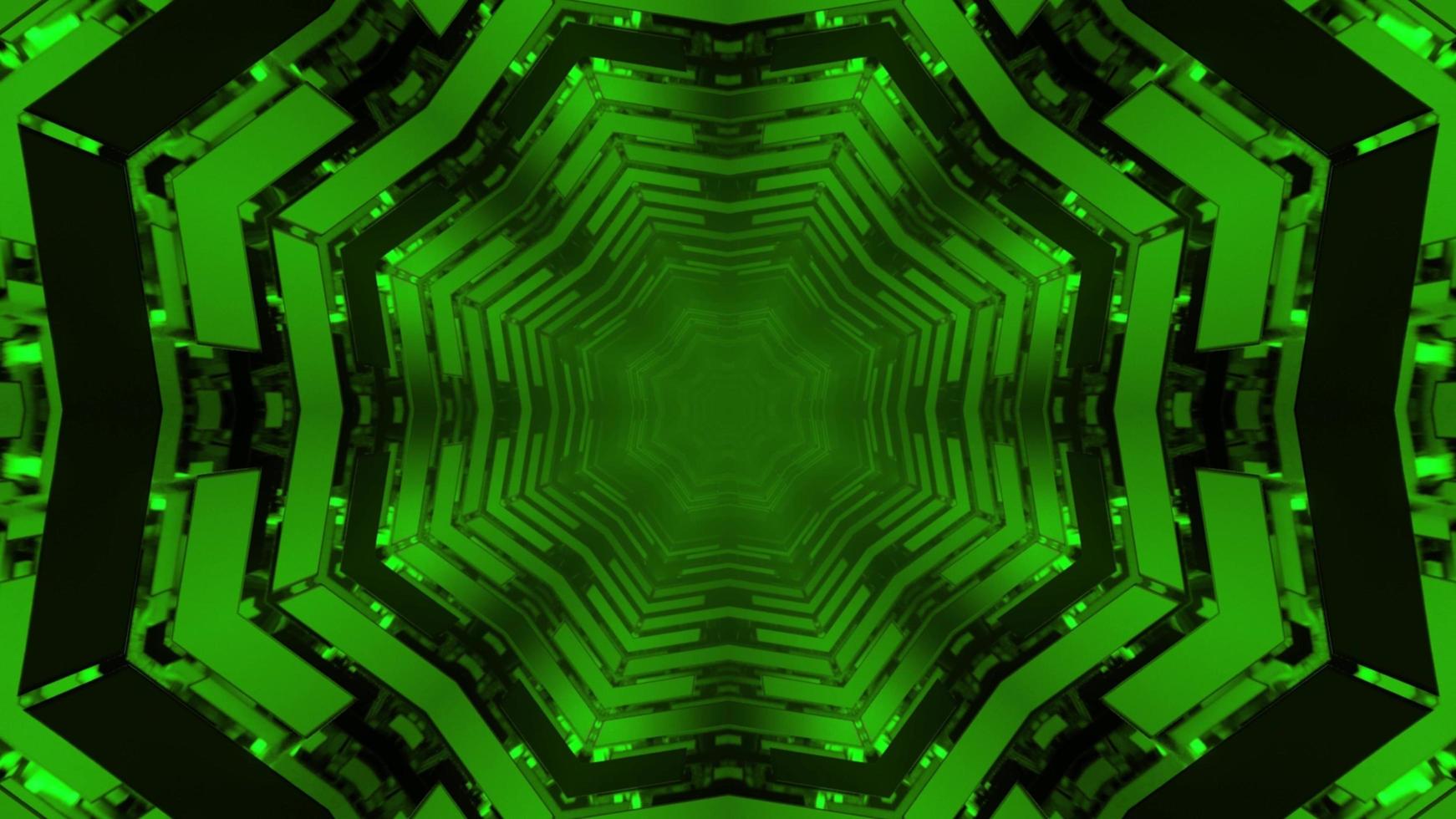 Geometric 3d illustration of repeating dynamic green snowflake shaped patters photo