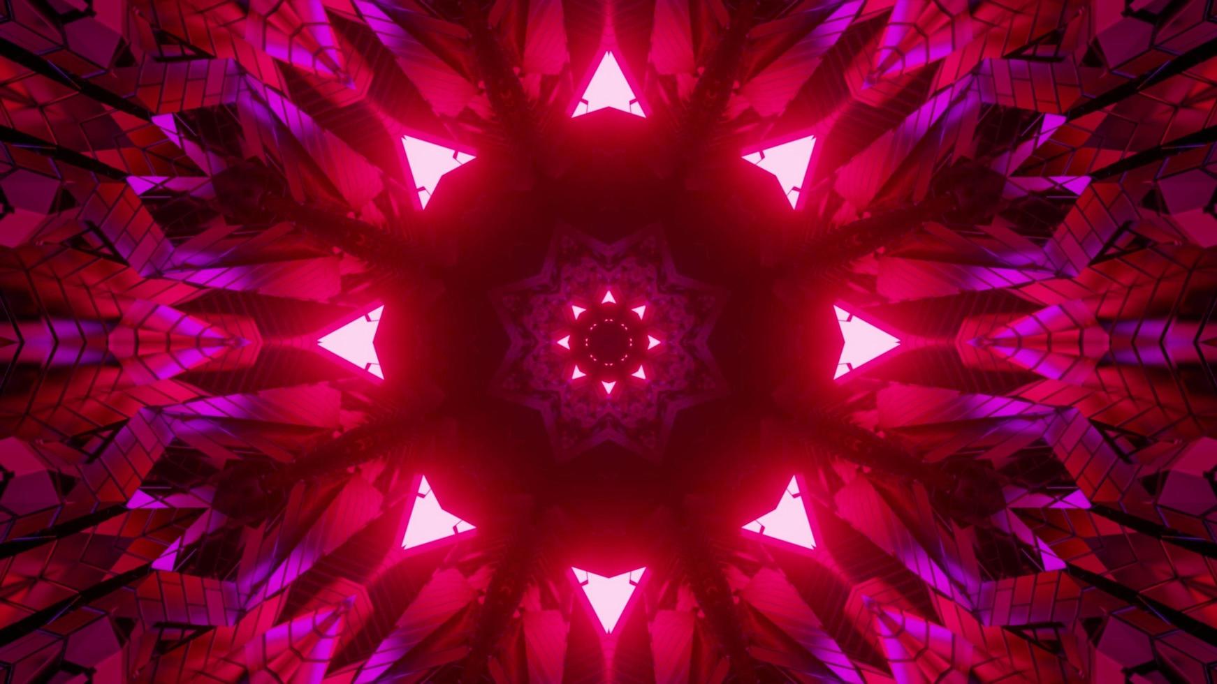 Ilustración 3d de adorno floral caleidoscópico con luces de neón simétricas foto