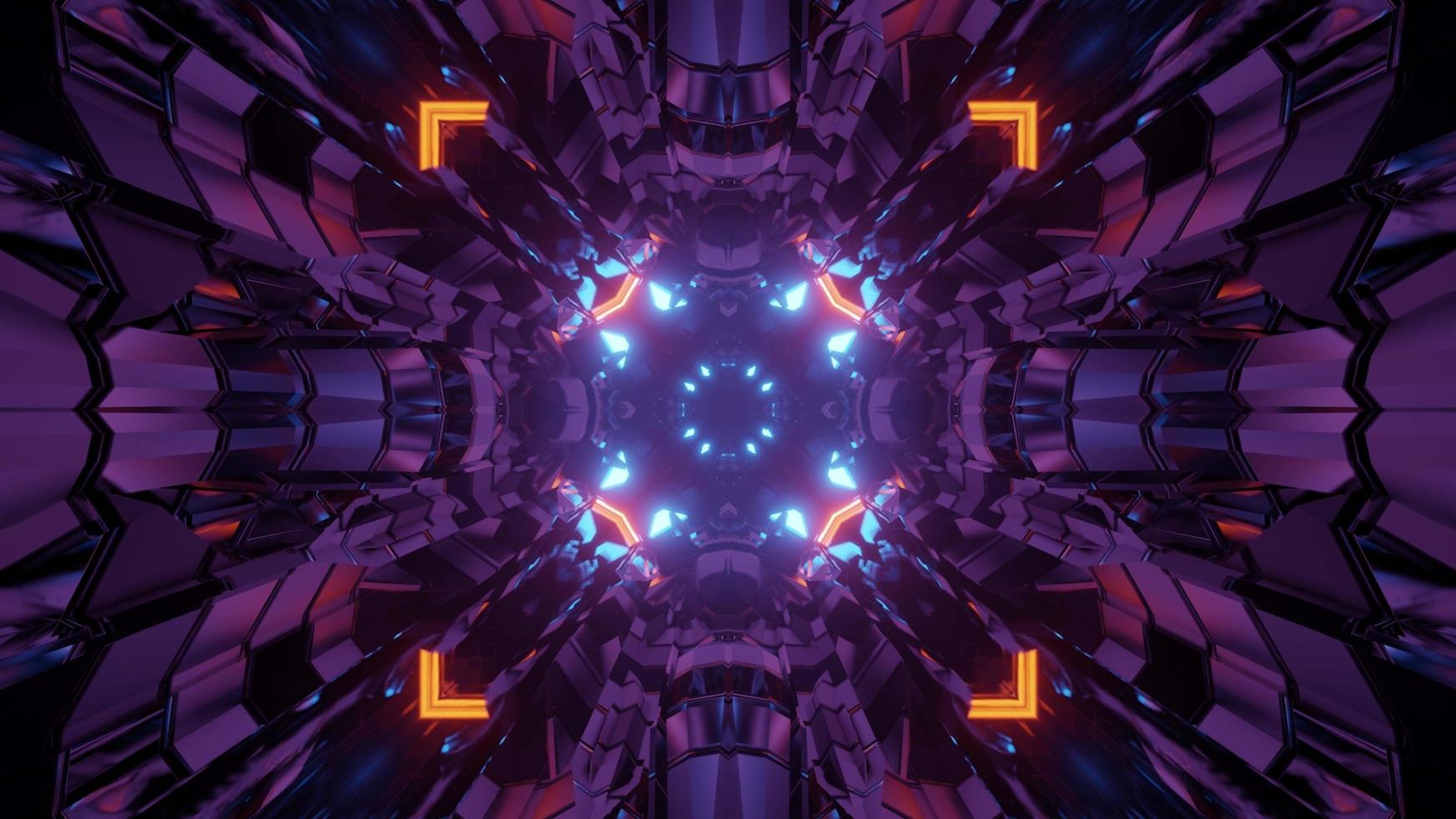 3D illustration of kaleidoscope futuristic pattern with purple textured walls photo