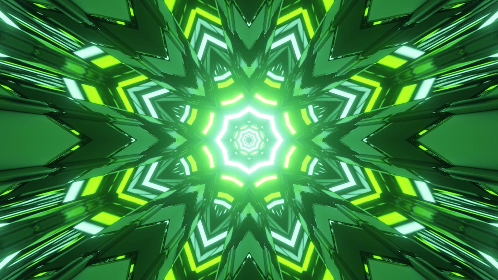 3D illustration of green and yellow kaleidoscope pattern with bright illumination photo