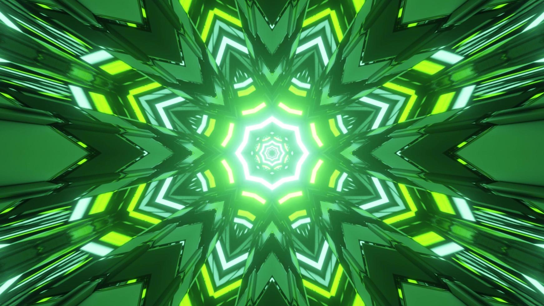 3D illustration of green and yellow kaleidoscope pattern with bright illumination photo