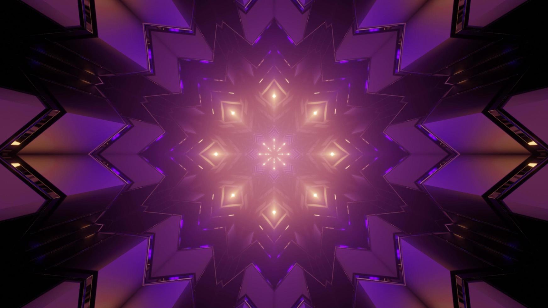3D illustration of purple lights reflecting in geometric figures of ornamental pattern photo