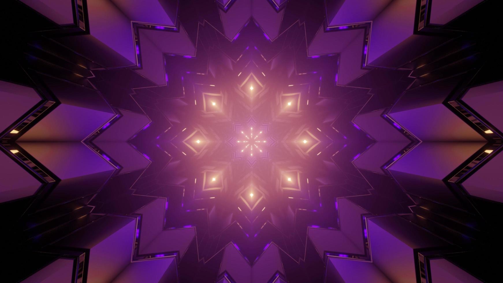 3D illustration of purple lights reflecting in geometric figures of ornamental pattern photo