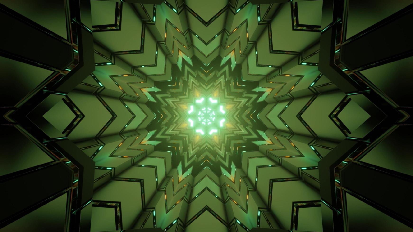 3D illustration of looping kaleidoscope with green neon light reflecting in geometric figures photo