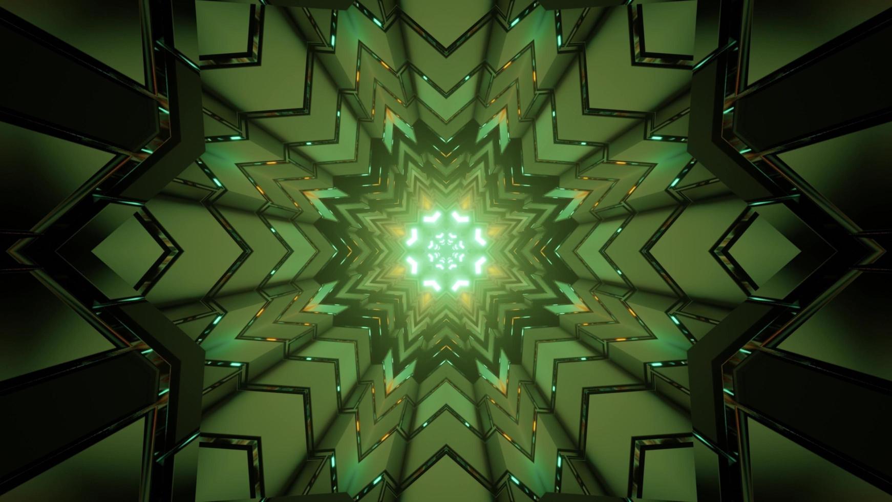 3D illustration of looping kaleidoscope with green neon light reflecting in geometric figures photo