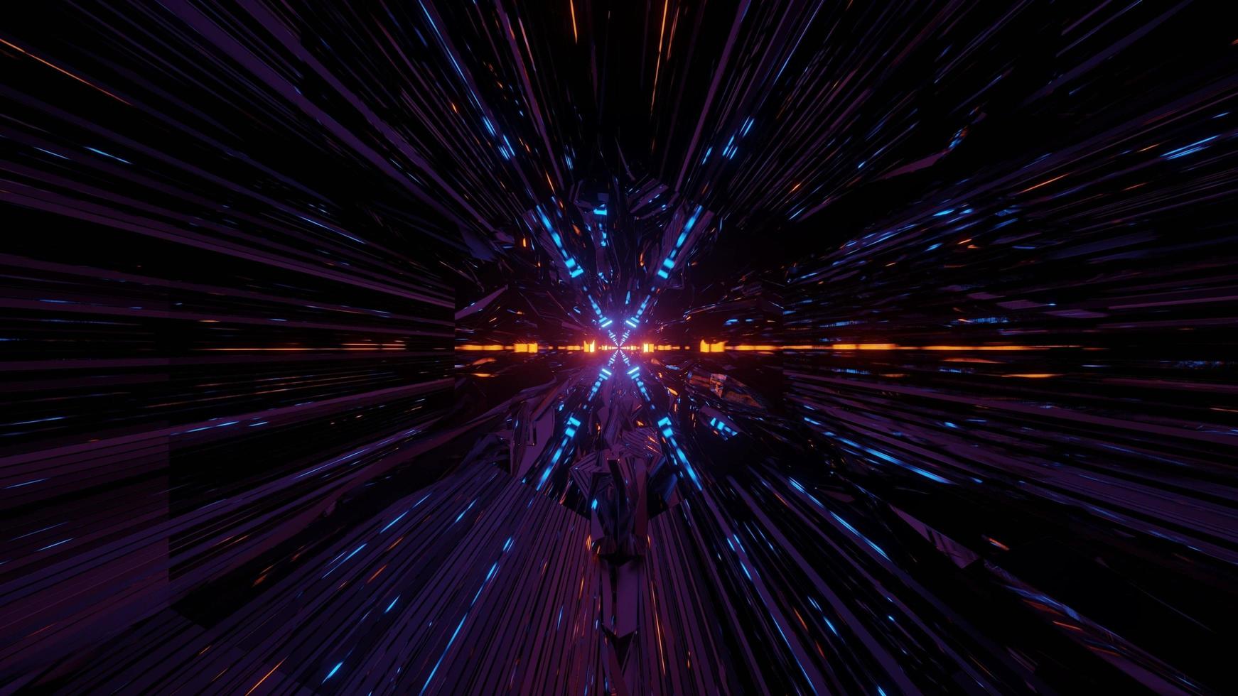 Bright neon lines in dark tunnel on 3d illustration photo