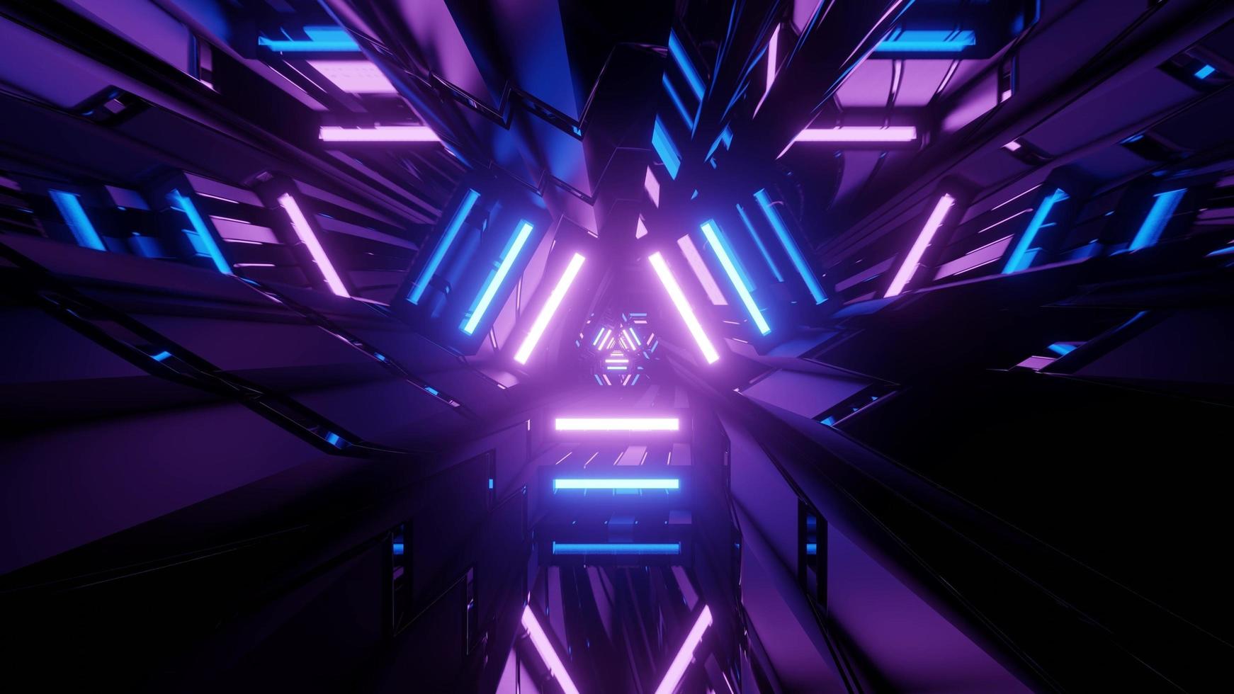 3D illustration of dark cyberspace with blue and purple neon lights photo