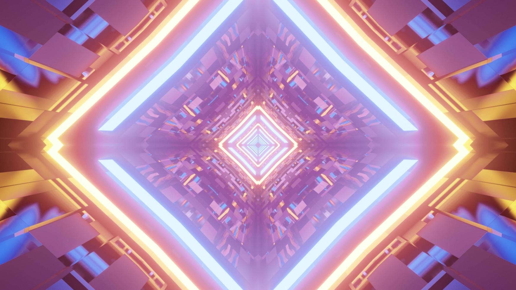 3D illustration of neon geometric figures in tunnel photo