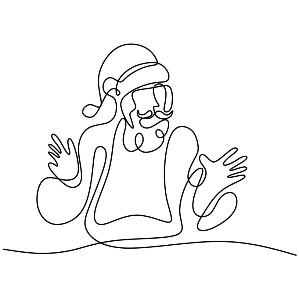 Continuous single line santa claus drawn by hand picture silhouette. Happy santa standing pose and waving hand. Christmas Santa Claus. Concept line art holiday for Christmas and New Year. vector