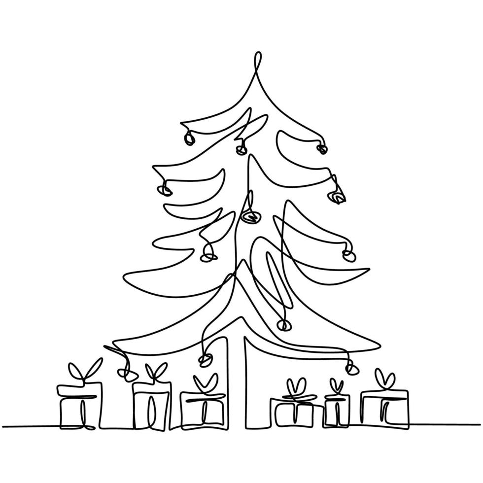 Christmas tree and gift box continuous one line drawing. Christmas pine fir tree decoration for celebration christmas party isolated on white background. Merry Christmas and Happy New Year theme vector