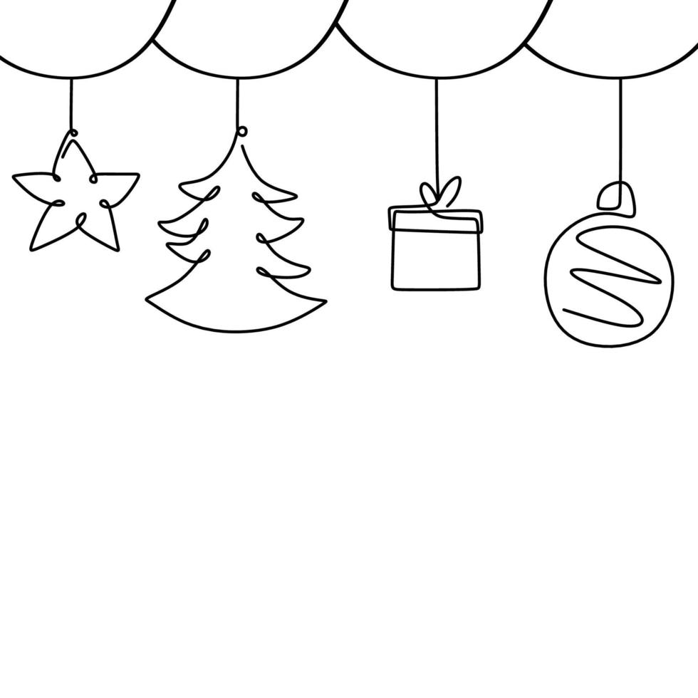 dibujo de una línea árbol de Navidad, caja de regalo, media, estrella, amor, decoración de bolas aislada sobre fondo blanco estilo minimalista. símbolos de navidad. decoración de tarjetas de felicitación navideñas vector