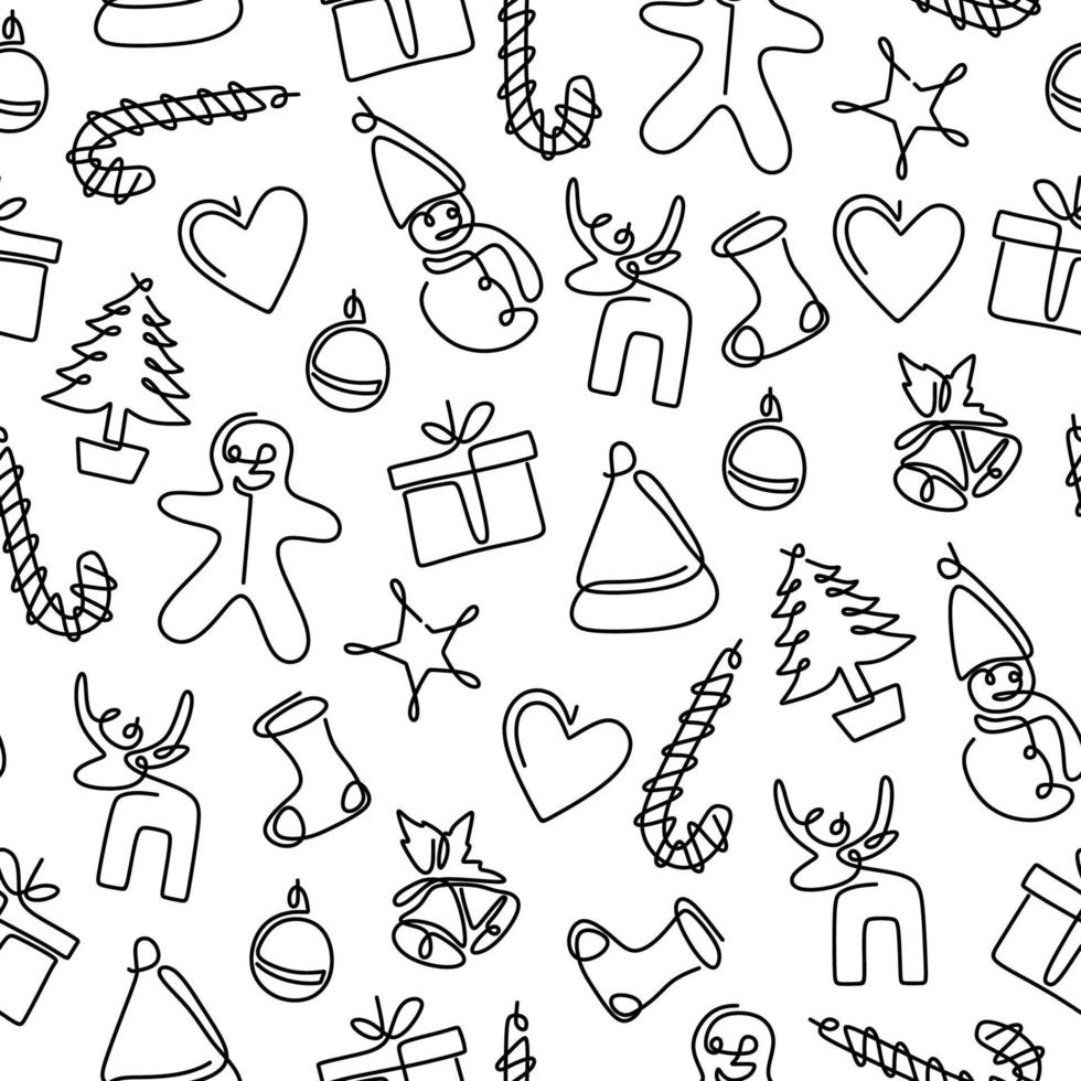One continuous line drawing of christmas party. Seamless winter pattern. Christmas background, seamless tiling, great choice for wrapping paper pattern. Merry Christmas and Happy New Year concept vector