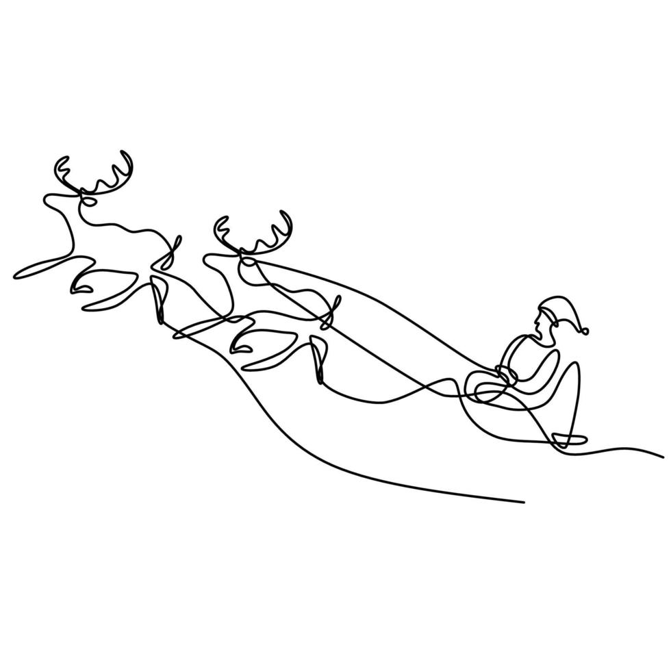 Christmas season continuous one line drawing. Santa in sleigh with deers, trees, snowdrifts hand drawn silhouette isolated on white background. Winter nature panoramic sketch. Vector illustration
