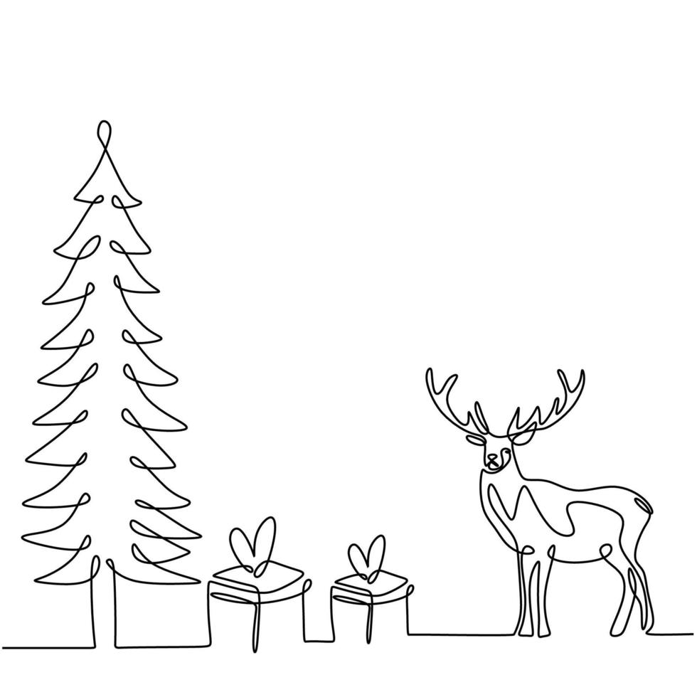 Christmas trees and deers continuous one line vector drawing. Reindeer with gift box christmas party in winter season. Merry Christmas banner, minimalist style isolated on white background