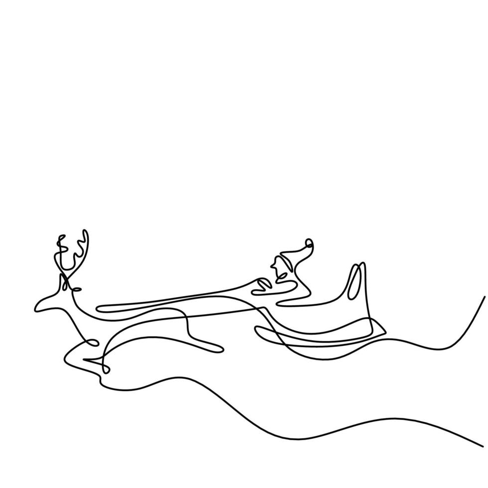 Christmas season continuous one line drawing. Santa in sleigh with deers, trees, snowdrifts hand drawn silhouette isolated on white background. Winter nature panoramic sketch. Vector illustration