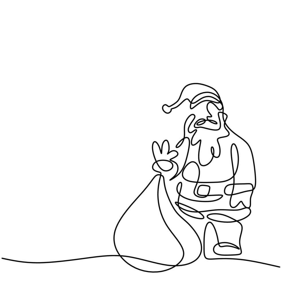 una línea continua un santa claus en navidad. santa de pie con caja de regalo en sus manos aisladas sobre fondo blanco. concepto de vacaciones. casarse con tema de navidad y feliz año nuevo. ilustración vectorial vector