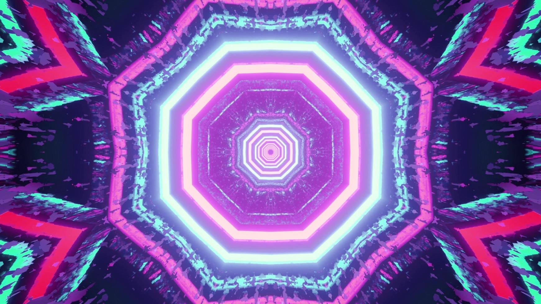 3D illustration of symmetric pattern decorated with multicolored neon lamps photo