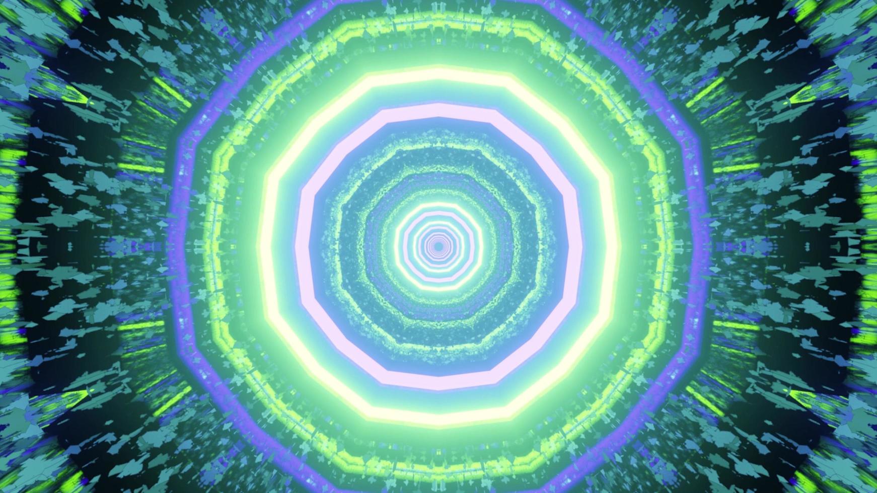 3D illustration of multicolored neon light glowing in labyrinth photo
