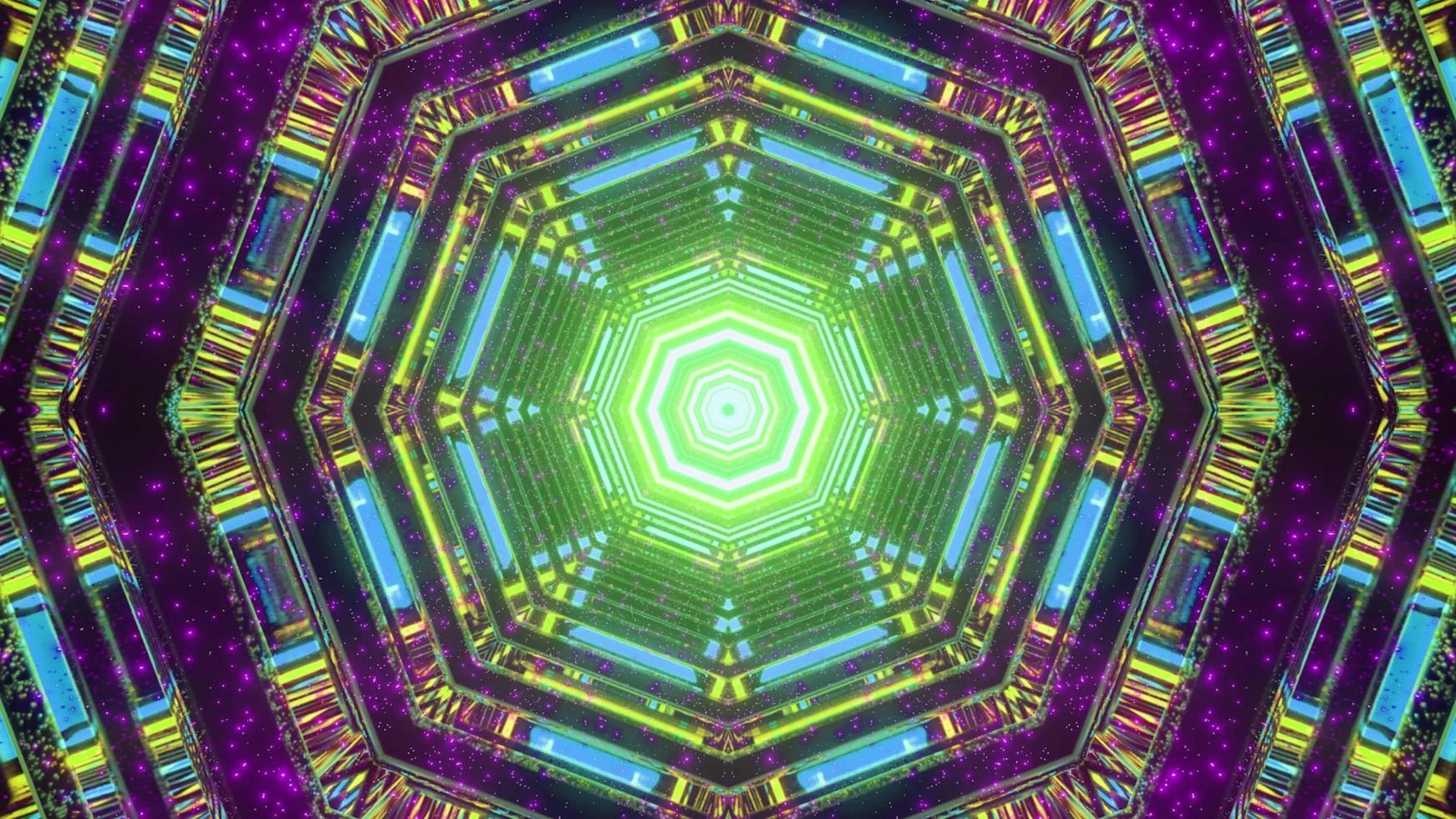 3D illustration of kaleidoscope hexagon shaped pattern with multicolored lights photo