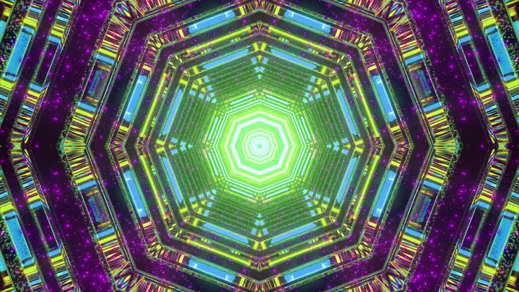 3D illustration of kaleidoscope hexagon shaped pattern with multicolored lights photo