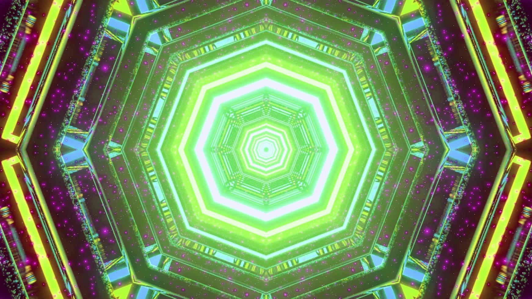 3D illustration of hexagon shaped labyrinth with neon illumination photo