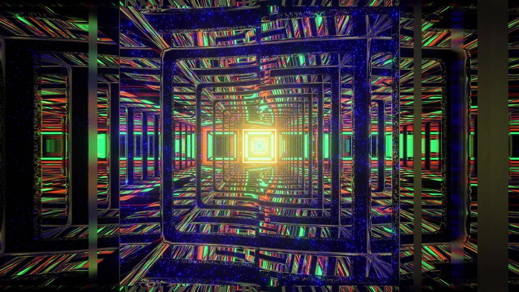 3D illustration of chaotic labyrinth with neon lights reflecting in walls photo