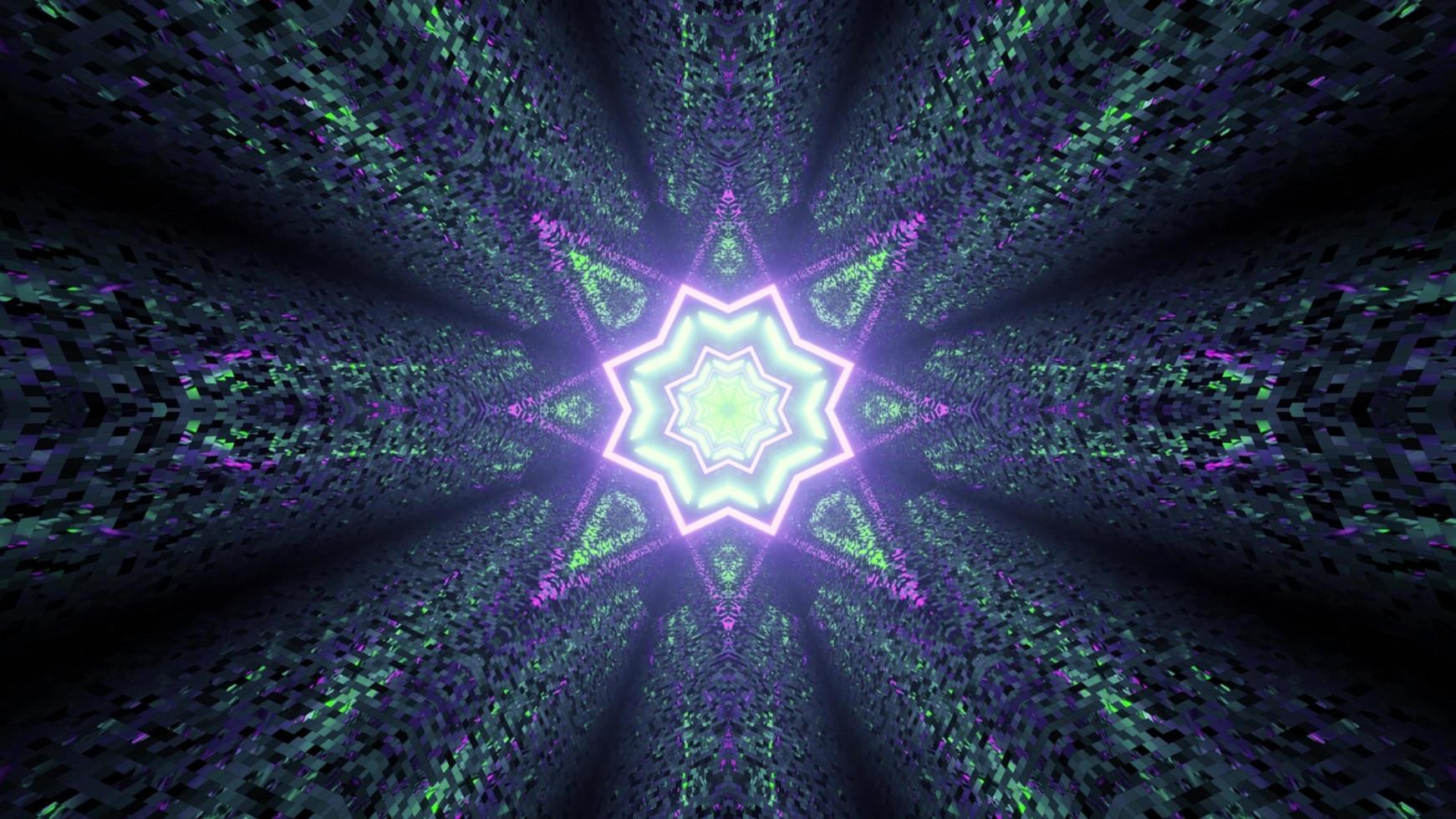 3D illustration of star shaped ornament glowing in dark tunnel with tiled walls photo