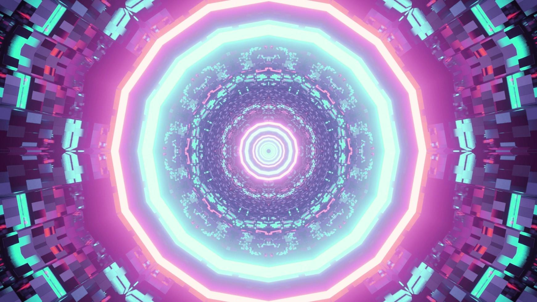 Bright neon tunnel 3D illustration with geometric ornament photo