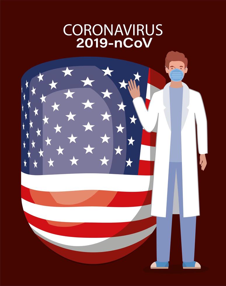 Banner de coronavirus con médico con diseño de vector de bandera de Estados Unidos