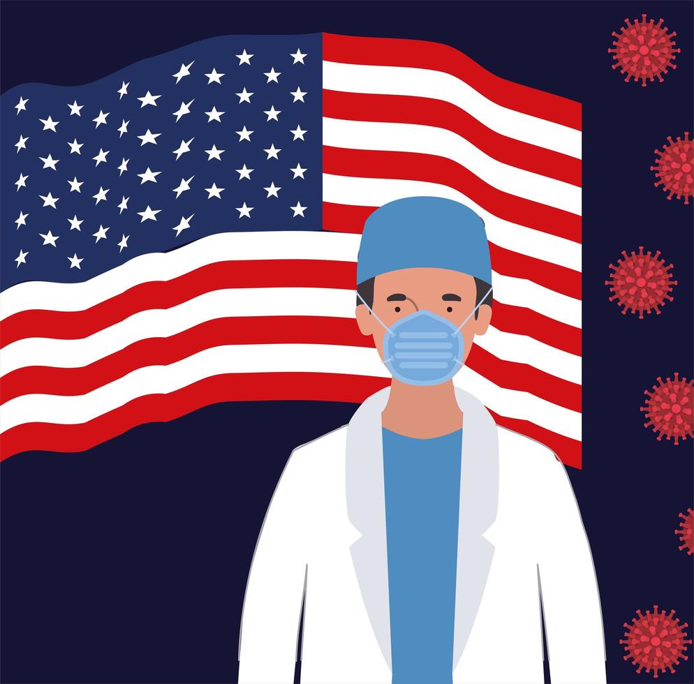 Coronavirus banner with doctor and usa flag vector design