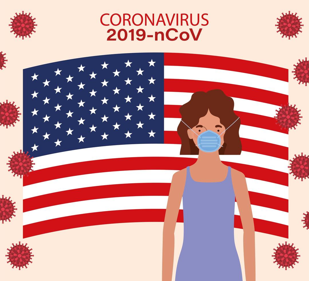 Banner de coronavirus con diseño de vector de bandera de mujer y Estados Unidos