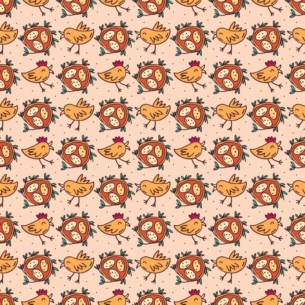 Birds with eggs in nest. Seamless pattern, texture, background. Isolated on beige background. vector