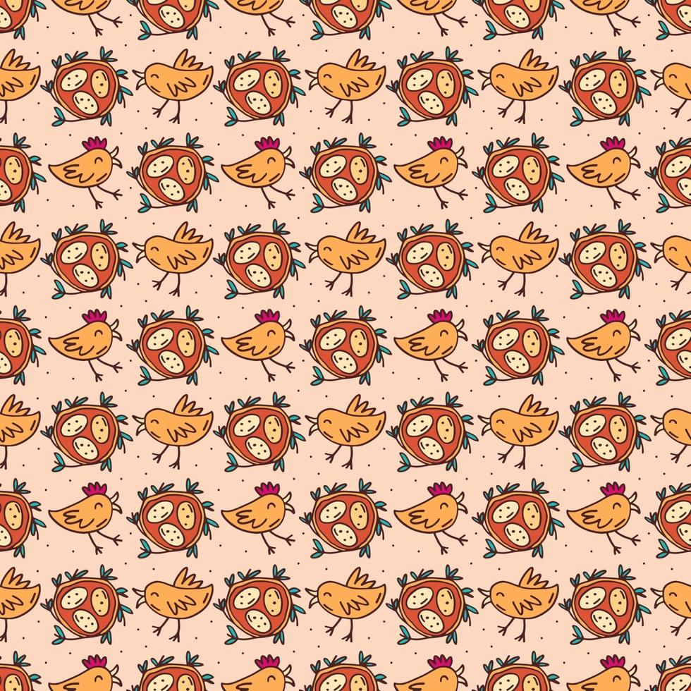 Birds with eggs in nest. Seamless pattern, texture, background. Isolated on beige background. vector