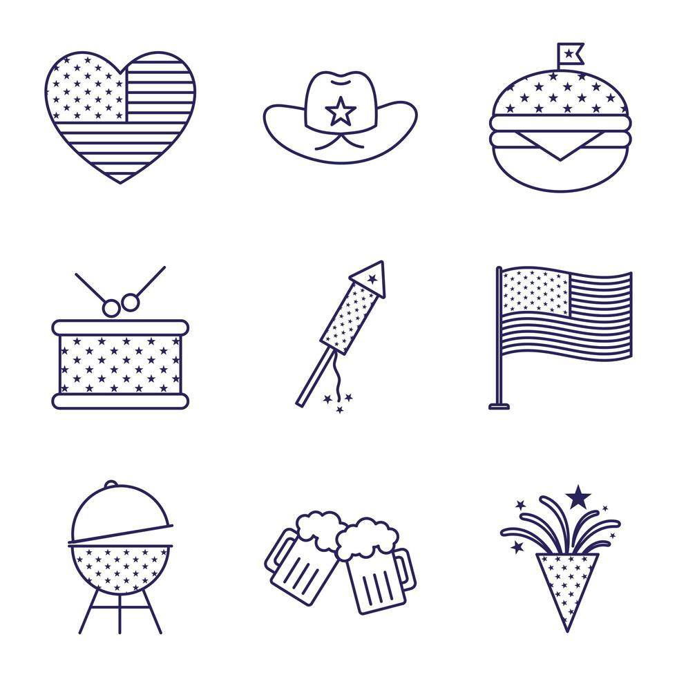 Independence day line style icon set vector