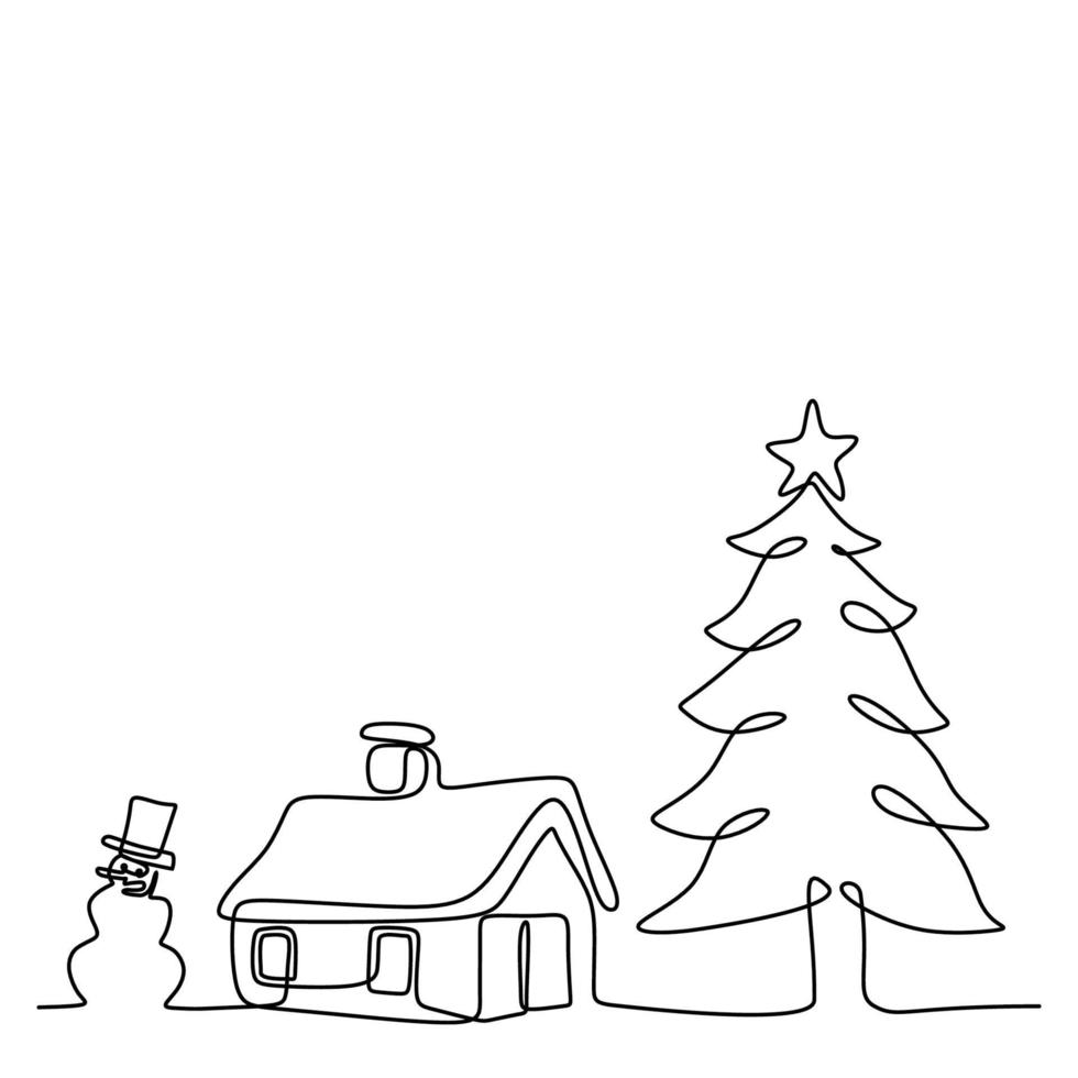 Continuous one line drawing of winter in the village with christmas tree and snowman. Christmas with nature panoramic view in the hills isolated on white background. Vector illustration