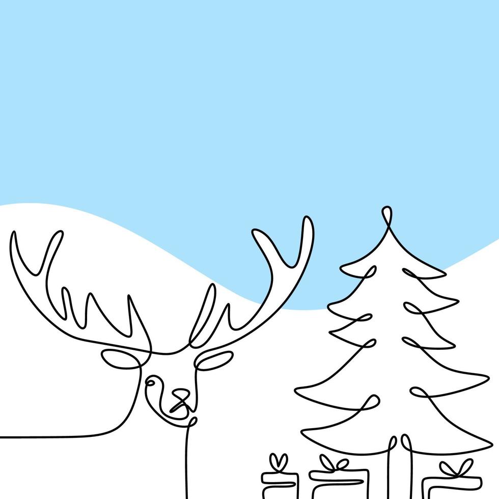 Christmas trees and deers continuous one line vector drawing. Reindeer with gift box christmas party in winter season. Merry Christmas banner, minimalist style isolated on white background