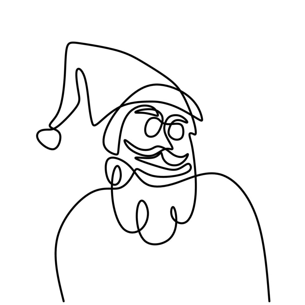 Continuous single one line drawing of Santa Claus face with hat and beard hand-drawn art line minimalism doodle. Christmas concept isolated on white background. Vector illustration