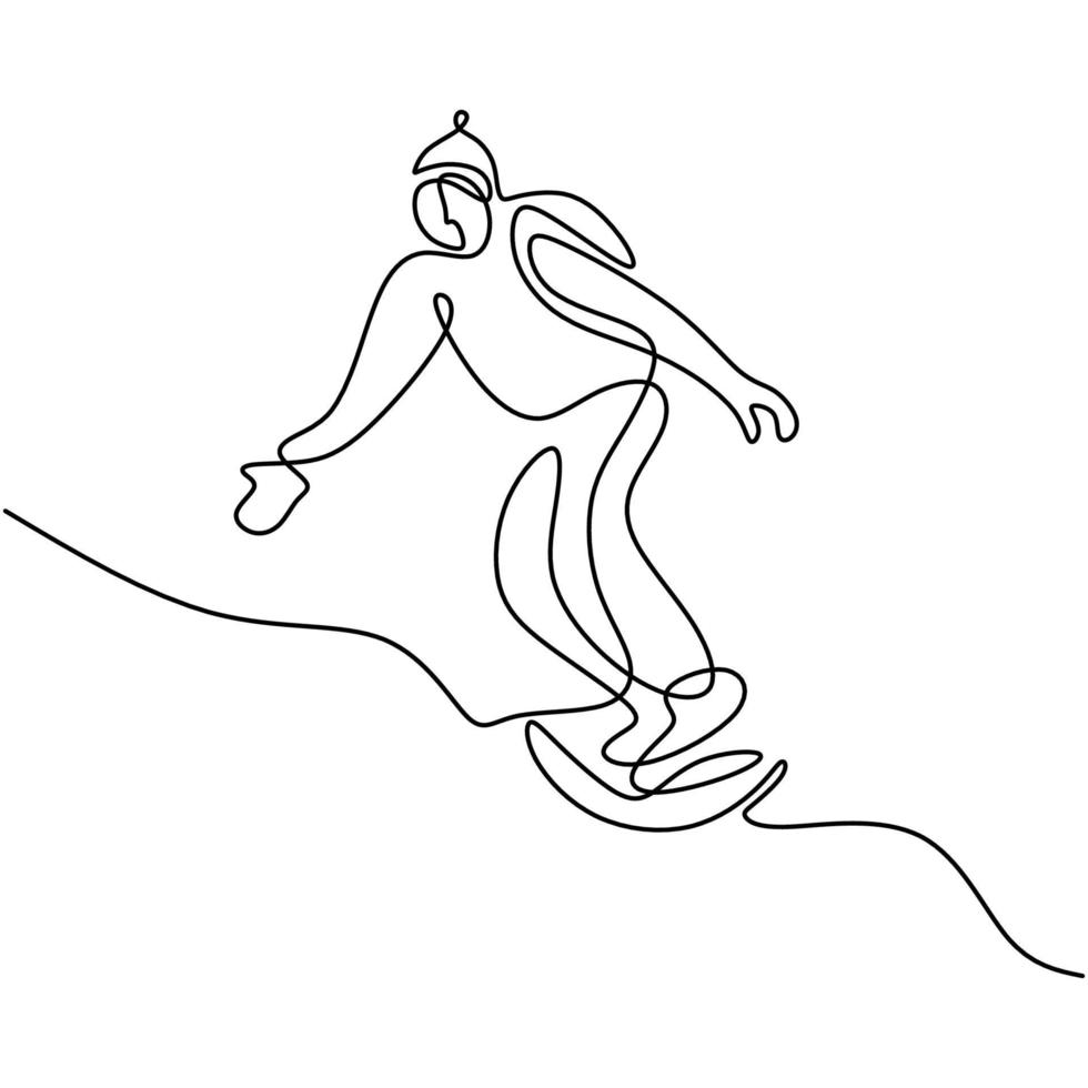 dibujo continuo de una línea de un joven snowboarder profesional que monta una tabla de snowboard rápida en una montaña nevada. concepto de invierno de deporte extremo. diseño minimalista. ilustración de dibujo vectorial vector