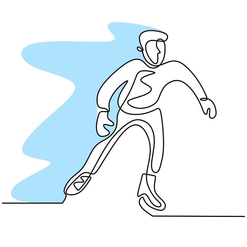 Continuous line drawing of skating man. Young male playing ice skating on ice rink arena isolated on white background. Fun winter sport concept hand drawn sketch minimalism style. Vector illustration