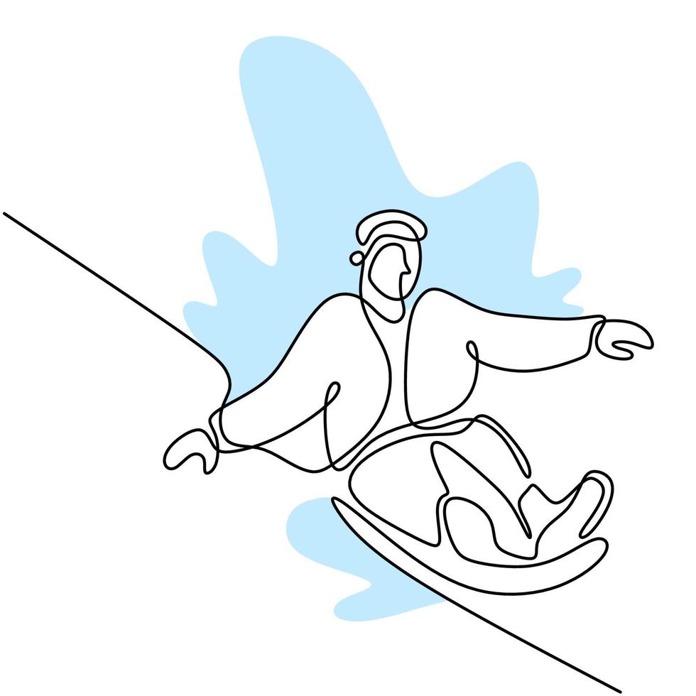 dibujo continuo de una línea de un joven snowboarder profesional que monta una tabla de snowboard rápida en una montaña nevada. concepto de invierno de deporte extremo. diseño minimalista. ilustración de dibujo vectorial vector