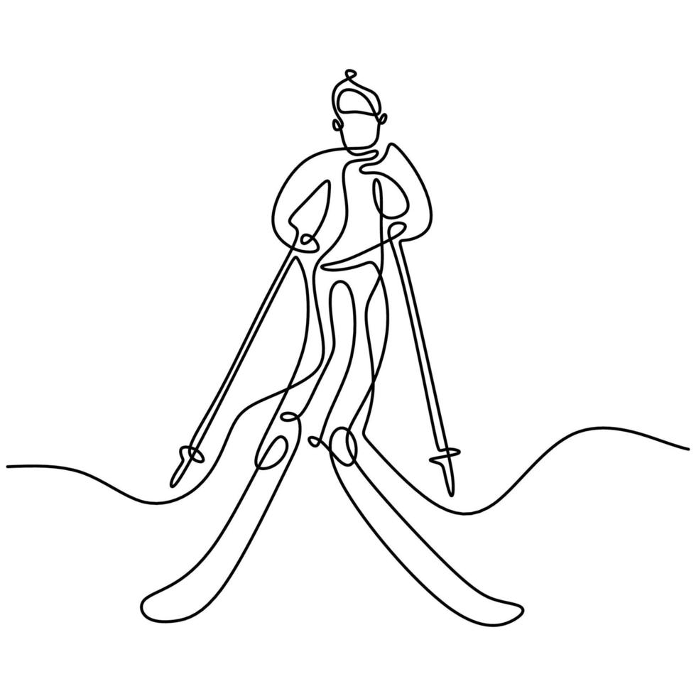 Single continuous line drawing of young sporty man playing ski at snowy mountain. Winter sport holiday vacation isolated on white background. Professional skiing hand-drawn sketch minimalism design vector