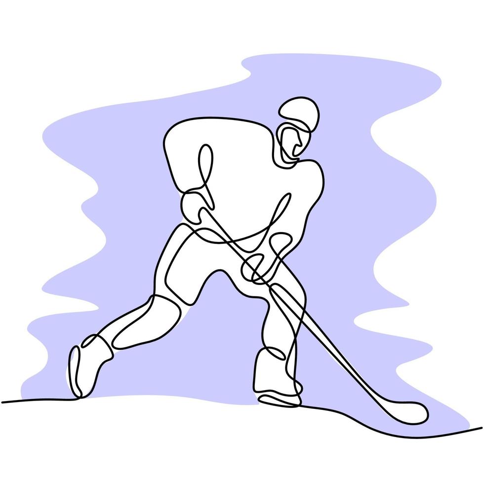 One continuous line drawing of professional ice hockey player hit the puck and attack on ice rink arena isolated on white background. Young sporty man in action to play a competitive game vector